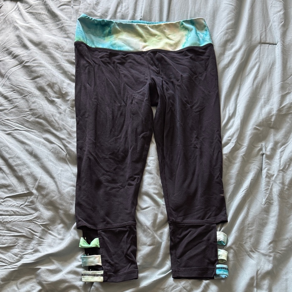 Glyder Black Capri Leggings with Aqua Tie-Dye Waistband and Secret Pocket